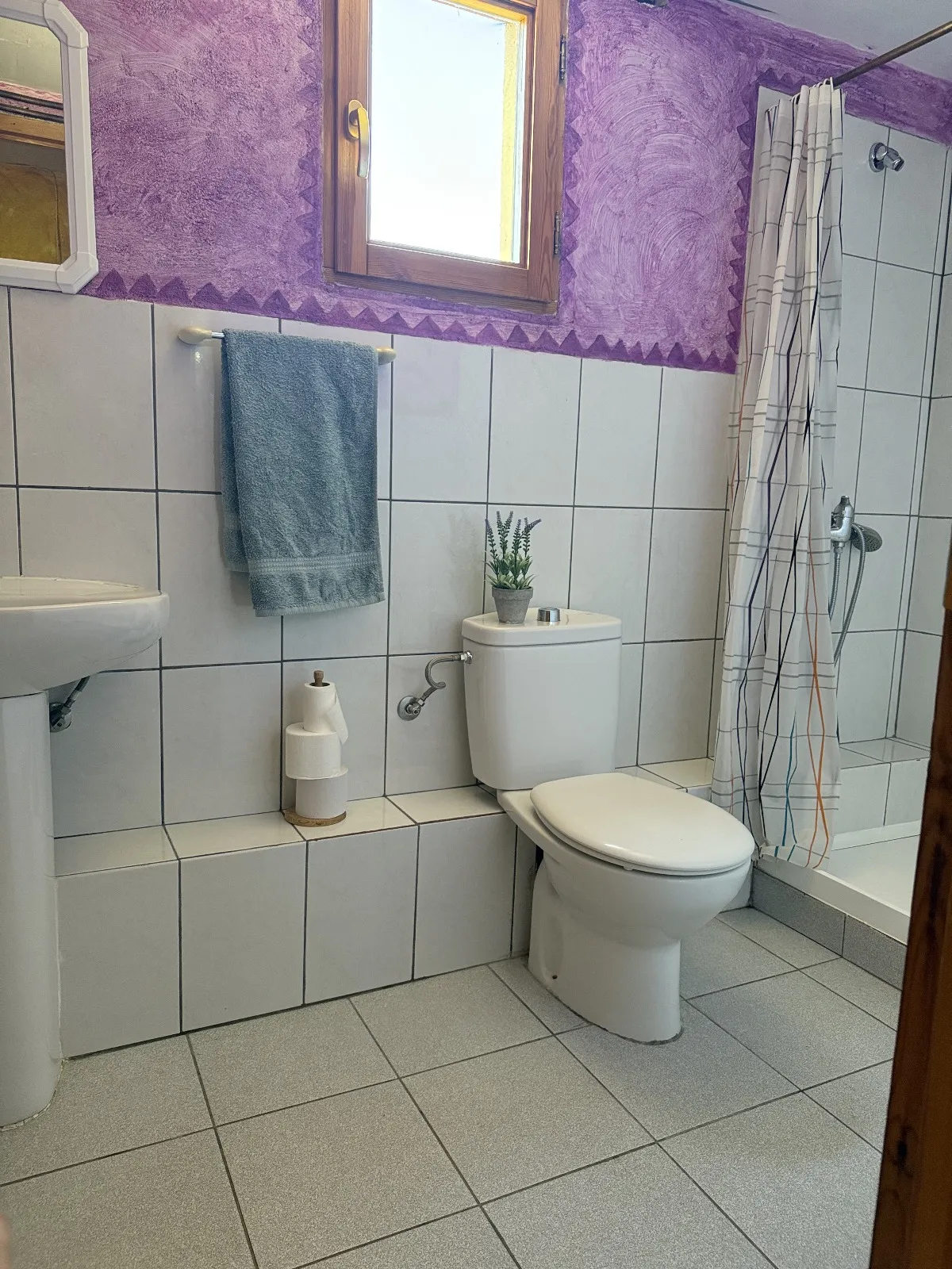 Baño con ventana y ducha en alojamiento rural para grupos.